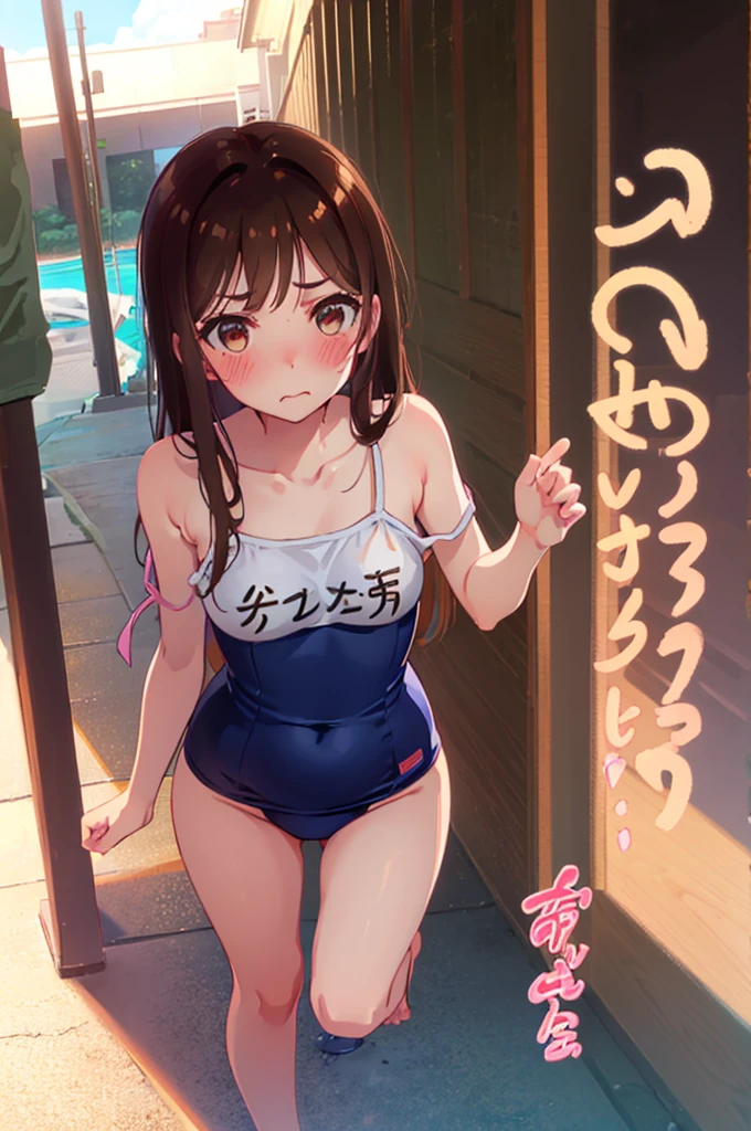 School Swimsuit,,Blushing、Pale brown eyes、Brown Hair、Semi-long hair、Head to toe full body、Blushing、Embarrassed look、Composition from the front、A view from slightly below、school swimwear、Acme Face、Random pose、, 、nsfw、Highest quality、1 girl、solo、Ocean、Sandy Beach、Sexy pose、Random pose、Blushing、Wet、Embarrassed、I can see half of my 、、One piece swimsuit、(Strap slip:1.3)、School Swimsuit