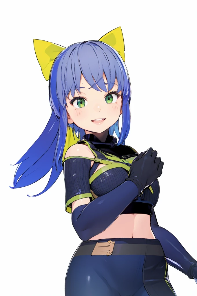 beautiful girl,smile,happy,Black Gloves,Slim fit,Green Eyes,Blue Hair,Yellow ribbon,4K,8K,Highest quality