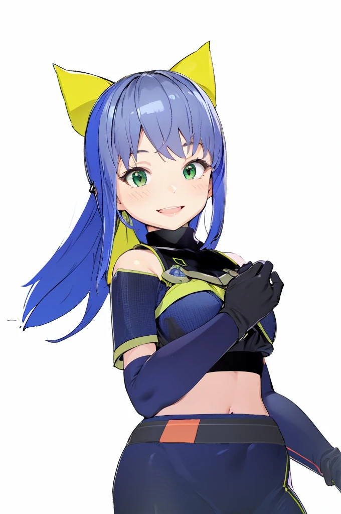 beautiful girl,smile,happy,Black Gloves,Slim fit,Green Eyes,Blue Hair,Yellow ribbon,4K,8K,Highest quality