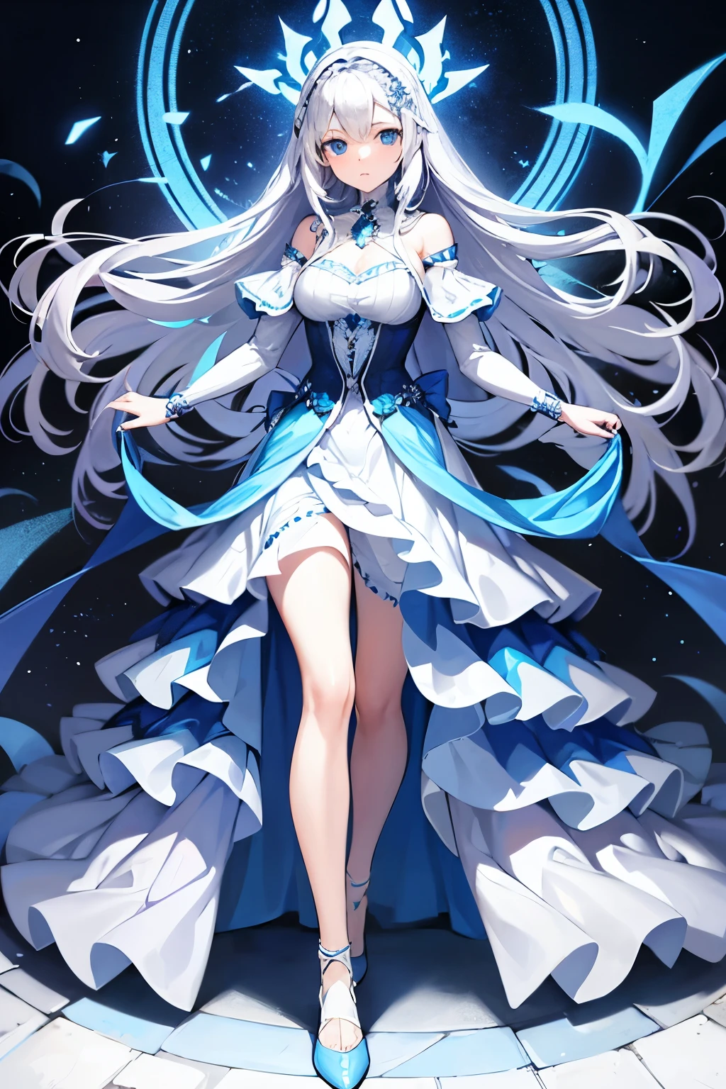 woman, long silver hair, blue eyes, regal white and blue dress, full body