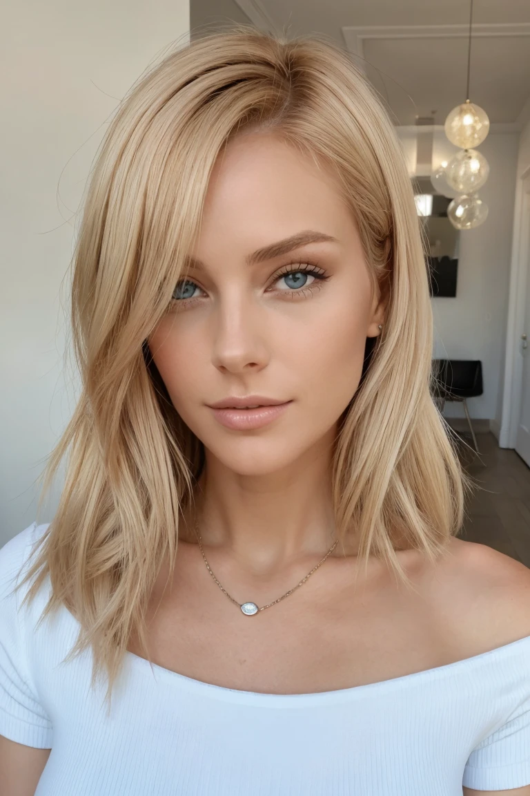 1 femme adulte, cheveux longs, cheveux bouclés, couleur de cheveux blond, peau douce, yeux bleue, sourir, végétation, Occasionnel, Vêtements de style femme d'affaires, blazer marron clair, réaliste, avec fond dans un restaurant chic, 8k super réaliste, super detalhado e réaliste