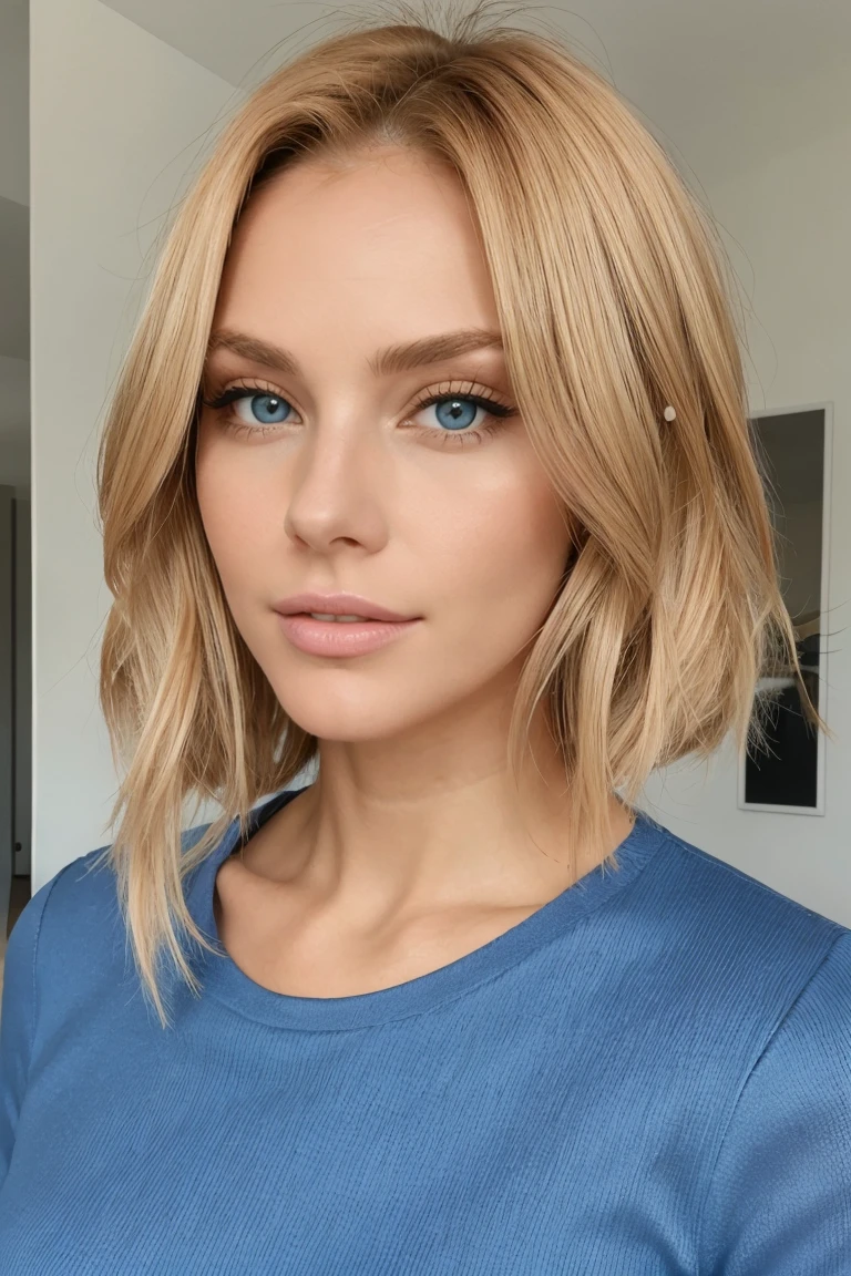 1 femme adulte, cheveux longs, cheveux bouclés, couleur de cheveux blond, peau douce, yeux bleue, sourir, végétation, Occasionnel, Vêtements de style femme d'affaires, blazer marron clair, réaliste, avec fond dans un restaurant chic, 8k super réaliste, super detalhado e réaliste