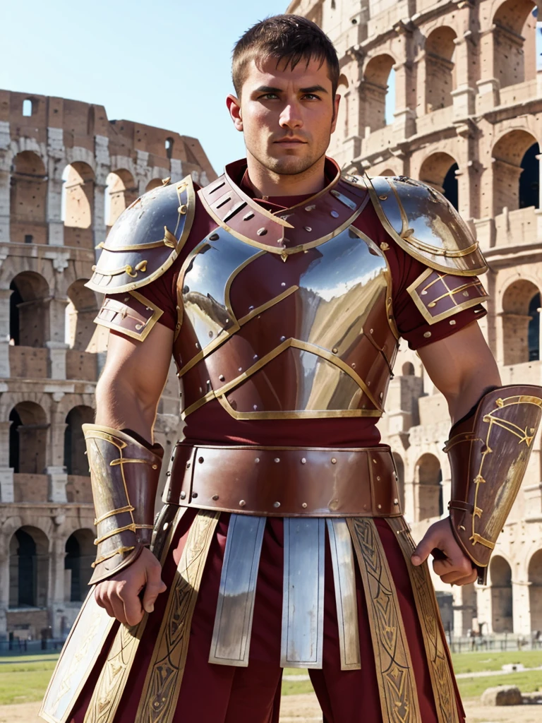 Close-up of a man in Roman gladiation costume, roman гладиатор, Dressed in Roman armor, At the Colosseum, attractive muscular man in armor, , in a гладиаторs arena landscape, Roman centurion