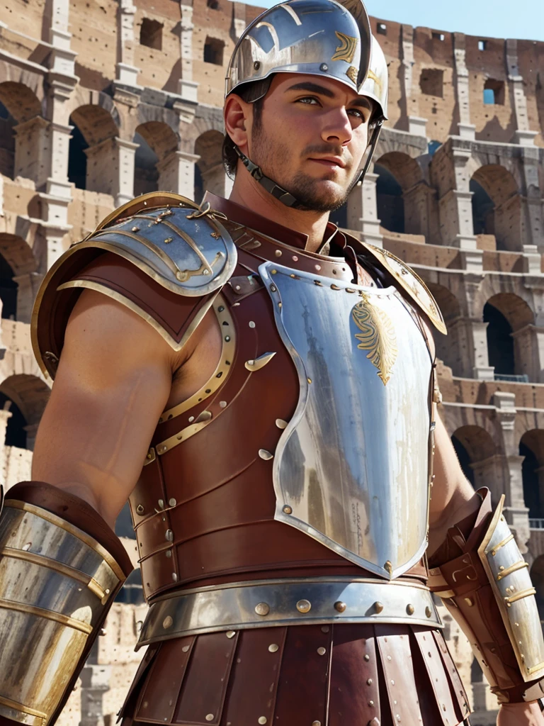 Close-up of a man in Roman gladiation costume, roman гладиатор, Dressed in Roman armor, At the Colosseum, attractive muscular man in armor, , in a гладиаторs arena landscape, Roman centurion