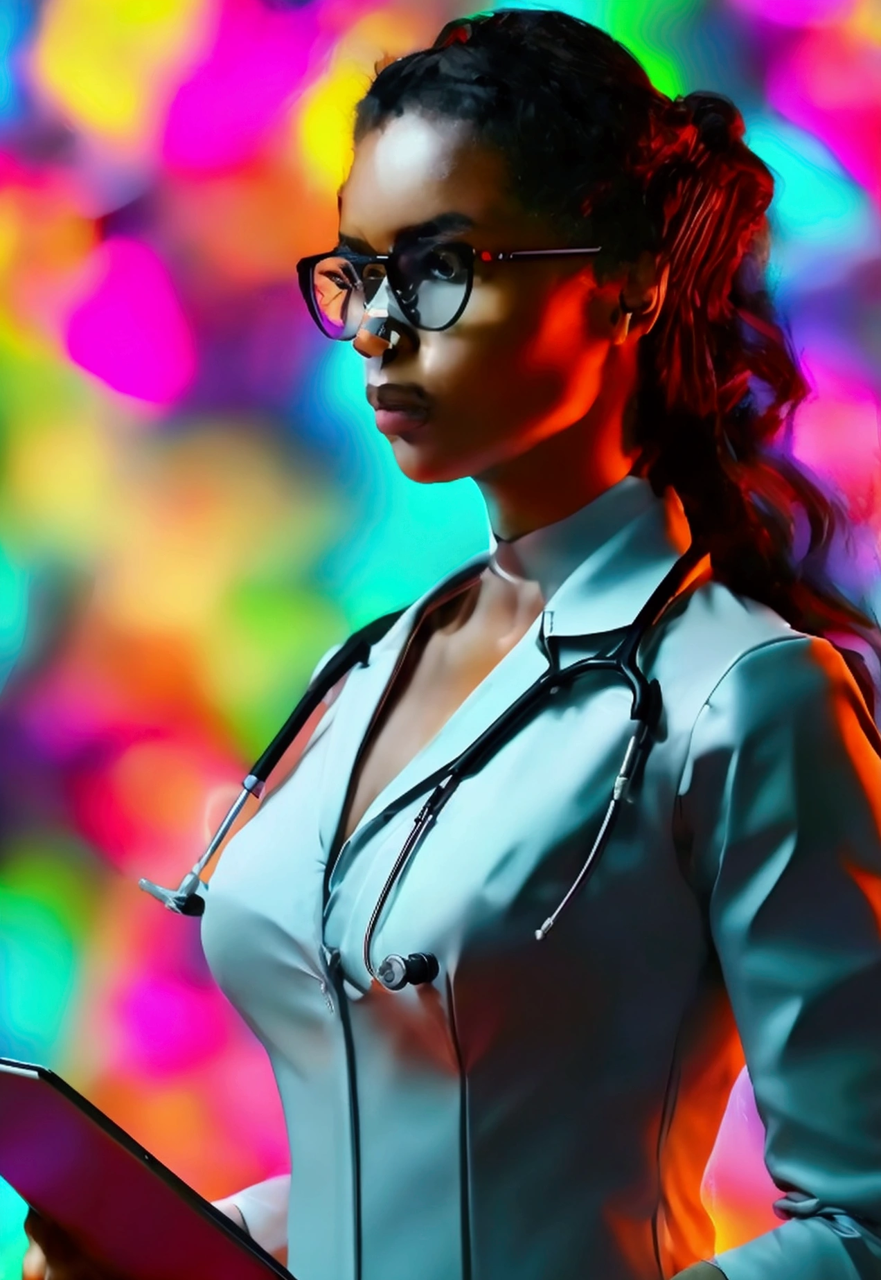 Black doctor, with athletic body, Long hair tied back, wearing CDF style prescription glasses, with stethoscope hanging around his neck and a clipboard in his hand, wearing an extremely short leather skirt and a transparent white lace blouse highlighting her perfect and voluminous breasts, wearing long black stiletto heel boots