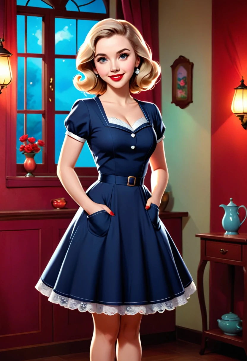 50s house wife. full length. featuring warm lighting and shadows. should be of the highest quality, a masterpiece with intricate details. Hands on hips. cute 50s house wife dress. Red high heels. She should have luscious lips, a wide smile, and bright, expressive eyes, exuding beauty, cuteness, and adorableness. Ensure the image is high resolution and sharply detailed, with a detailed and vibrant background. Scarlett Johanson, Alison Brie, Dove Cameron Incorporate mystical lighting in the background, creating a romantic and enchanting atmosphere.
