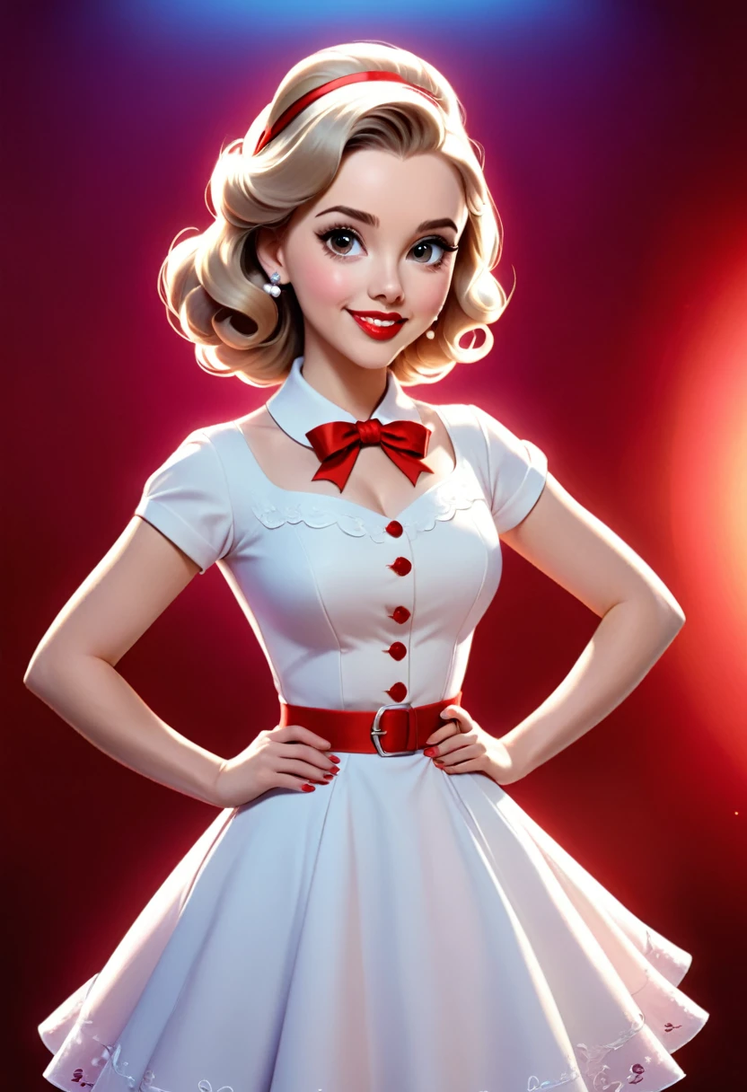 50s house wife. full length. featuring warm lighting and shadows. should be of the highest quality, a masterpiece with intricate details. Hands on hips. cute 50s house wife dress. Red high heels. She should have luscious lips, a wide smile, and bright, expressive eyes, exuding beauty, cuteness, and adorableness. Ensure the image is high resolution and sharply detailed, with a detailed and vibrant background. Scarlett Johanson, Alison Brie, Dove Cameron Incorporate mystical lighting in the background, creating a romantic and enchanting atmosphere.