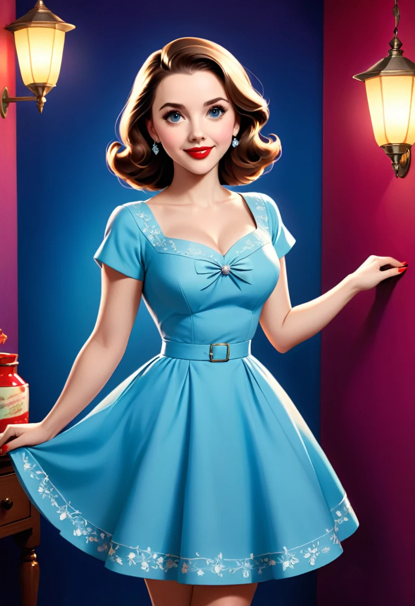 50s house wife. full length. featuring warm lighting and shadows. should be of the highest quality, a masterpiece with intricate details. Hands on hips. cute 50s house wife dress. Red high heels. She should have luscious lips, a wide smile, and bright, expressive eyes, exuding beauty, cuteness, and adorableness. Ensure the image is high resolution and sharply detailed, with a detailed and vibrant background. Scarlett Johanson, Alison Brie, Dove Cameron Incorporate mystical lighting in the background, creating a romantic and enchanting atmosphere.