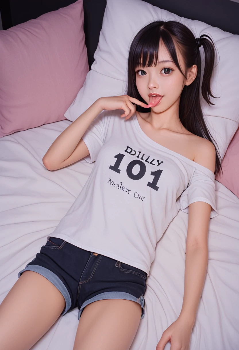 pastel colors t-shirt,off-shoulder look,bare shoulder,ollarbone,midriff peek,short shorts,(open mouth:1.5),(tongue out:2),lying,hand between legs,overhead shot,front view,face focus,(1girl,Beautiful 14 year old girl,teenager),((Slender,Small breasts,Small face,)),(looking at viewer),Black Hair,bangs,one side up,Beautiful and detailed,(Dimly lit room:1.5),White bed,pillow,Mischievous smile
