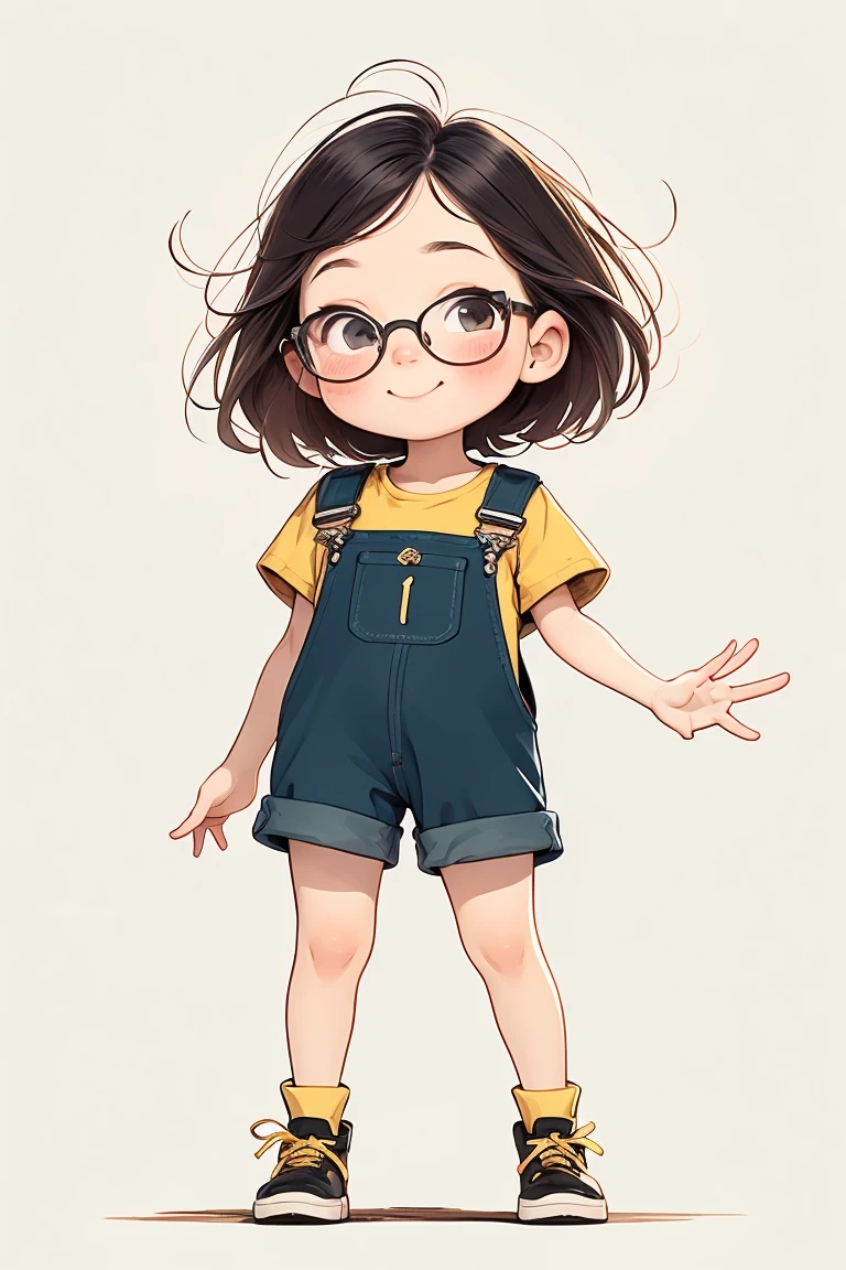 watercolor illustration. Chibi, very kawaii style of a charming Russian cartoon girl is confident. Her straight black hair frames her face, glasses, adorned with large, expressive eyes and a cheerful smile. She is dressed in a black t-shirt and yellow overalls and black shoes. adding a touch of color to the scene. She is standing looking straight ahead. The simplicity of the background puts the focus entirely on her, making her the undeniable star of this image. by David Mack and David McBride