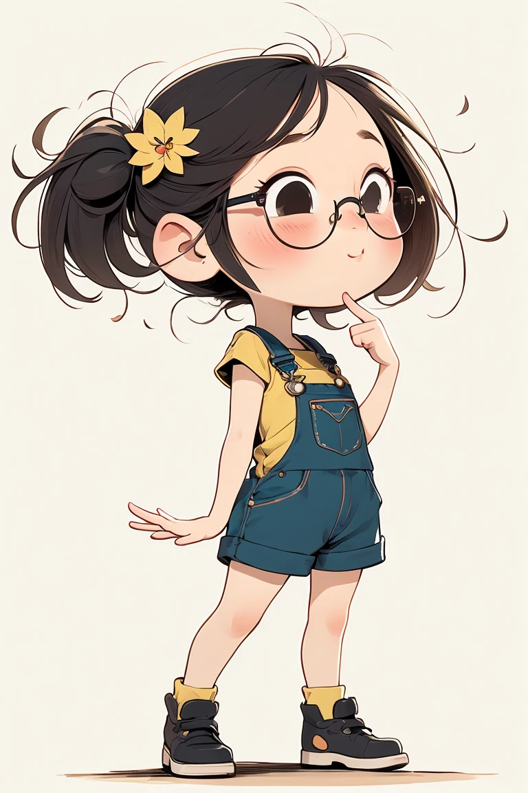 watercolor illustration. Chibi, very kawaii style of a charming Russian cartoon girl is confident. Her straight black hair frames her face, glasses, adorned with large, expressive eyes and a cheerful smile. She is dressed in a black t-shirt and yellow overalls and black shoes. adding a touch of color to the scene. She is standing looking straight ahead. The simplicity of the background puts the focus entirely on her, making her the undeniable star of this image. by David Mack and David McBride