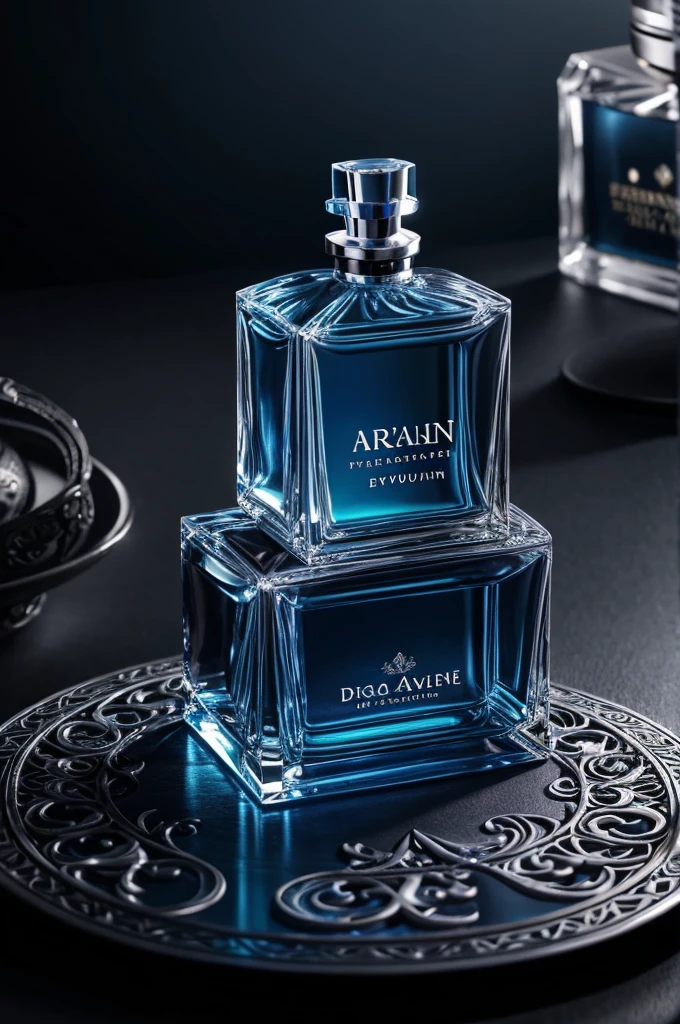 A captivating high-definition photograph of a luxurious perfume bottle, featuring a charming elf bust etched into the glass. The bottle design, labeled "'eau de toilette arwen" in silver lettering. It is both elegant and mysterious. The clear glass captures and reflects soft light, highlighting the intricate details of the elf. The background reveals a dark, dystopian fantasy landscape, with a druid's secret lair displaying a mix of black, blue and purple tones. The 3D rendering and cinematic atmosphere of the perfume bottle evoke the feeling of a dark fantasy movie poster, while the vibrant colors and illustrations create a fascinating and visually stunning masterpiece.