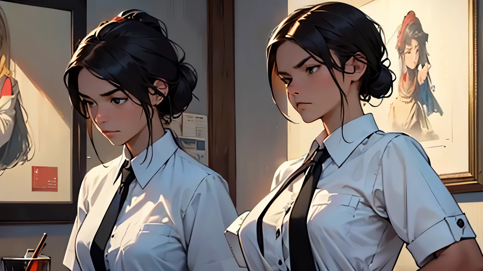 ((best quality)), ((work of art)), ((detailed)), waitress, hair tied back, irritated expression, taking an order
