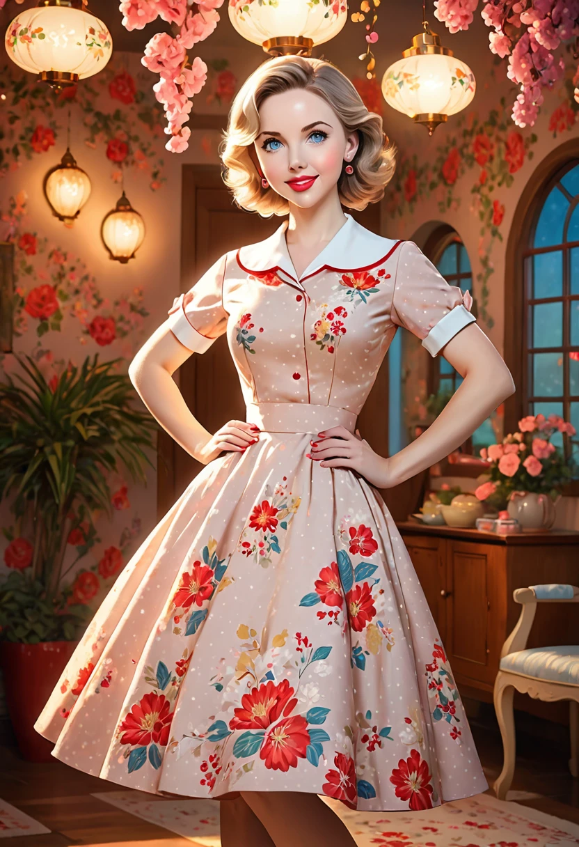 50s house wife. full length. featuring warm lighting and shadows. should be of the highest quality, a masterpiece with intricate details. Hands on hips. cute 50s house wife dress. Red high heels. She should have luscious lips, a wide smile, and bright, expressive eyes, exuding beauty, cuteness, and adorableness. Ensure the image is high resolution and sharply detailed, with a detailed and vibrant background. Scarlett Johanson, Alison Brie, Dove Cameron Incorporate mystical lighting in the background, creating a romantic and enchanting atmosphere.
