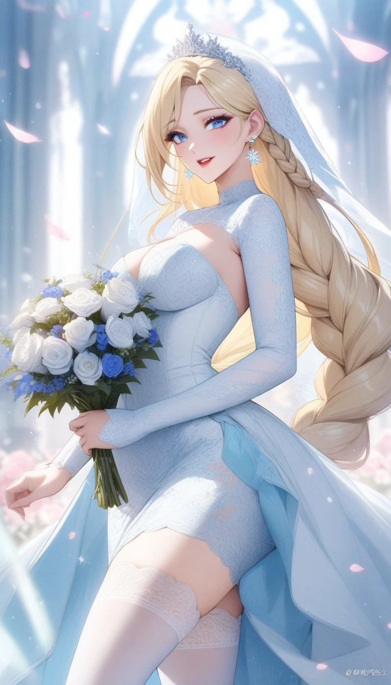 masterpiece, best quality, very aesthetic, absurdres, 1girl, mature_lady, wedding_dress,White lace miniskirt wedding dress, Holding flowers, White lace stockings, wedding hood, ,elsa_(frozen), frozen_(disney), 1girl, blonde_hair, blue_eyes, braid, medium_breasts, single_braid, earrings, snowflake_earrings, eyeshadow, makeup, long_hair, very_long_hair,,surrounding by flowers,falling_petals, outdoors, petals,,,blur background,background defocus,