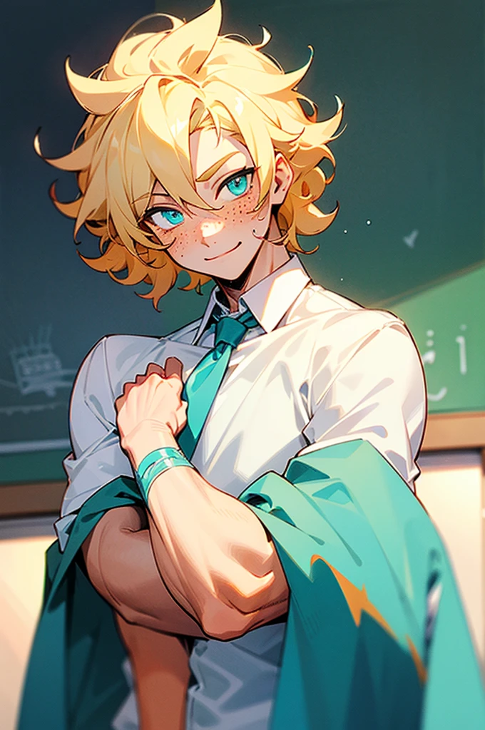 1 male, tall, blonde spiky curly hair, cyan eyes, freckles, normal amount of muscles, cute smile, blush, classroom background, white shirt, 