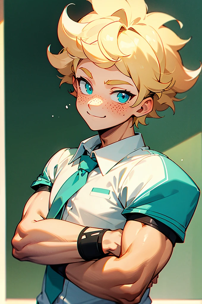 1 male, tall, blonde spiky curly hair, cyan eyes, freckles, normal amount of muscles, cute smile, blush, classroom background, white shirt, 