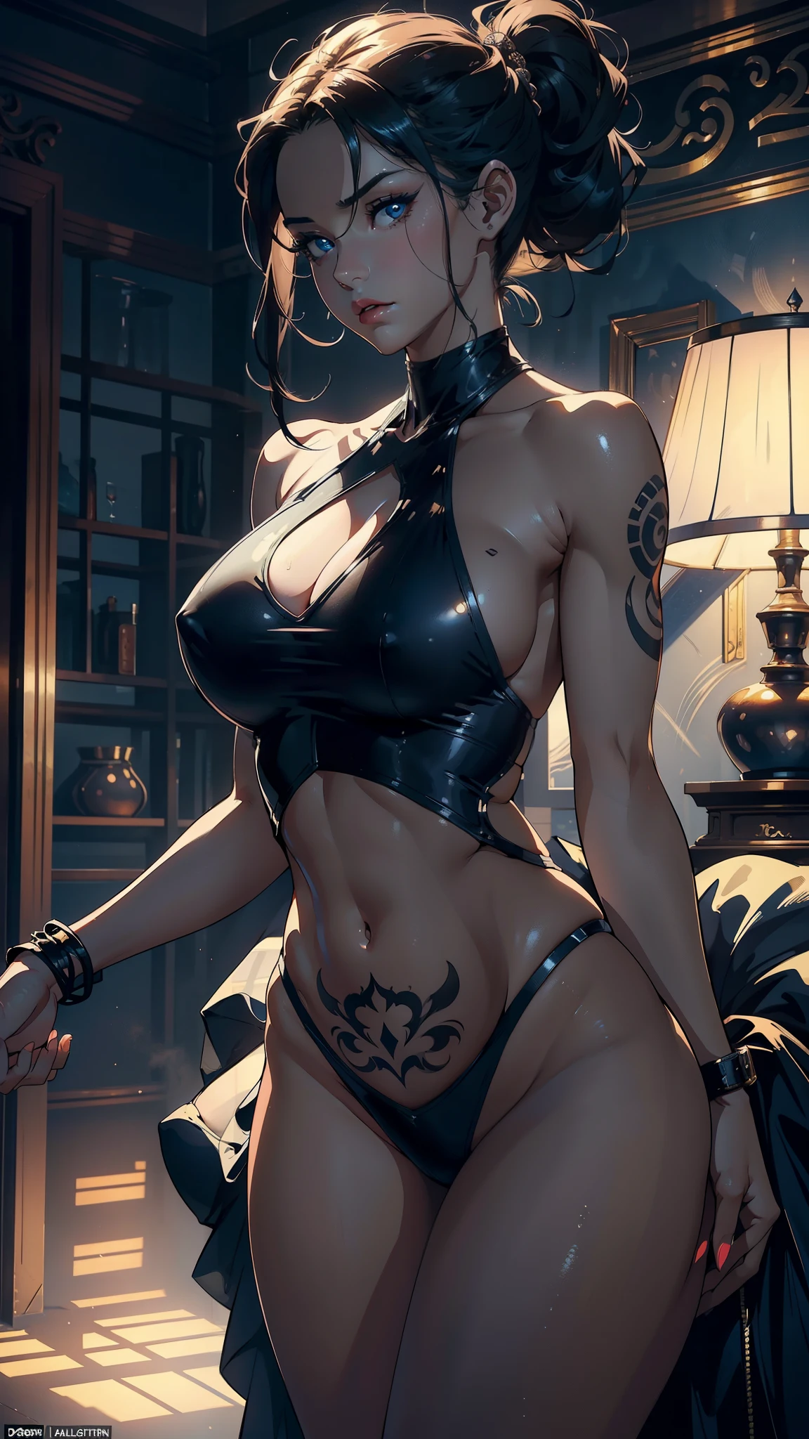 (NSFW, 8K Wallpaper, High resolution), ((Masterpiece, Highest quality)), Woman in a fitted, form-facing blouse, showcasing her curvaceous figure, Side view, her hair tied in a sleek ponytail, highlighting the graceful curve of her neck, Shimmering skin, Bare shoulders, revealing a delicate tattoo on her left shoulder blade, Dynamic lighting, casting dramatic shadows, showcasing her muscles and curves, Extra detailed face, with expressive eyes that seem to capture your soul, High quality shadows, creating depth and intrigue, Detailed background, with elements that hint at her mysterious lifestyle.