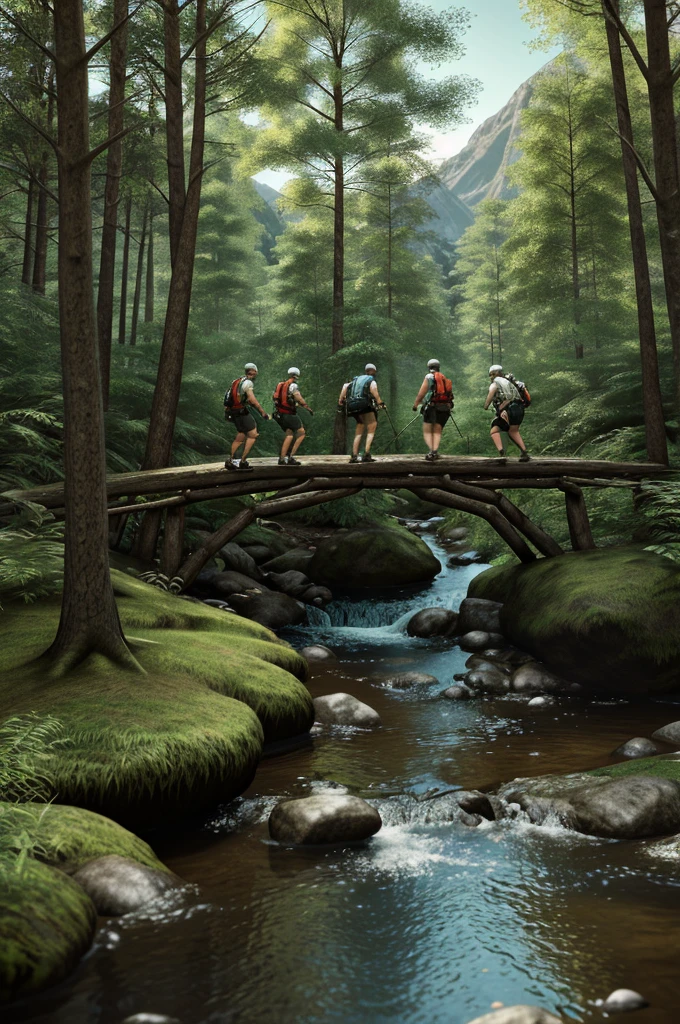 Facing Difficulties in the Forest**:
- A 3D render showing the friends helping each other navigate through challenging terrain, like crossing a narrow log bridge over a stream or climbing steep, rocky surfaces. Their expressions show determination and teamwork.