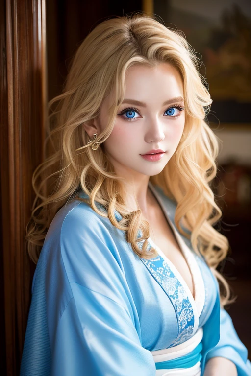 20 yrs old, 1.3, young lady, curly hair, long blonde hair, 1.1, bust, mansion, beautiful woman, kimono, blue eyes.