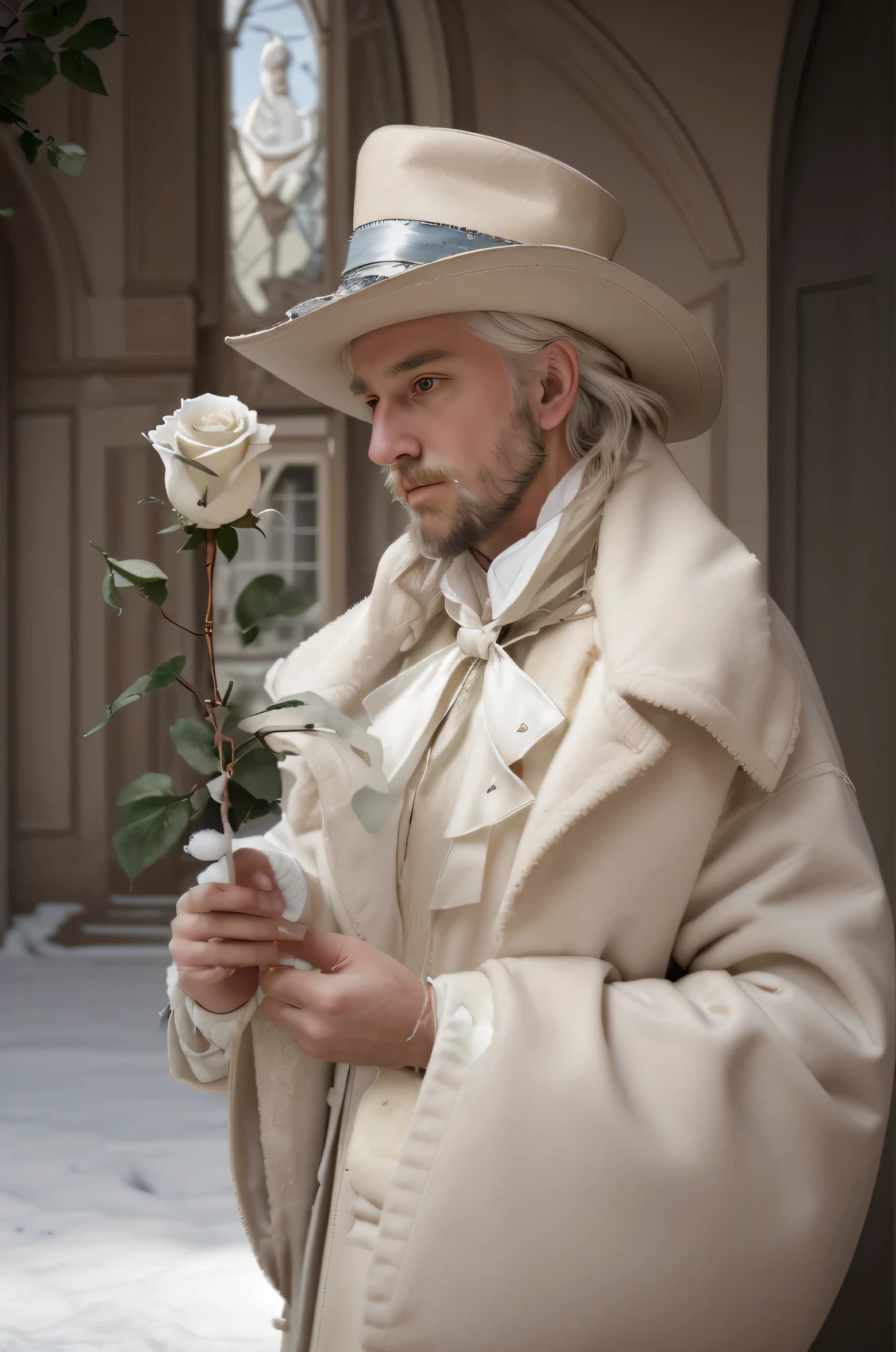 there is a wise man in a hat and coat holding a white rose, beautiful detailed white hair, inspired by Ivan Kramskoi, romanticism portrait, inspired by Eugene von Guerard, inspired by Théodore Chasseriau, inspired by Francesco Hayez, melanchonic white rose soft light, holding a white rose, inspired by Édouard Manet, inspired by Jean Jouvenet