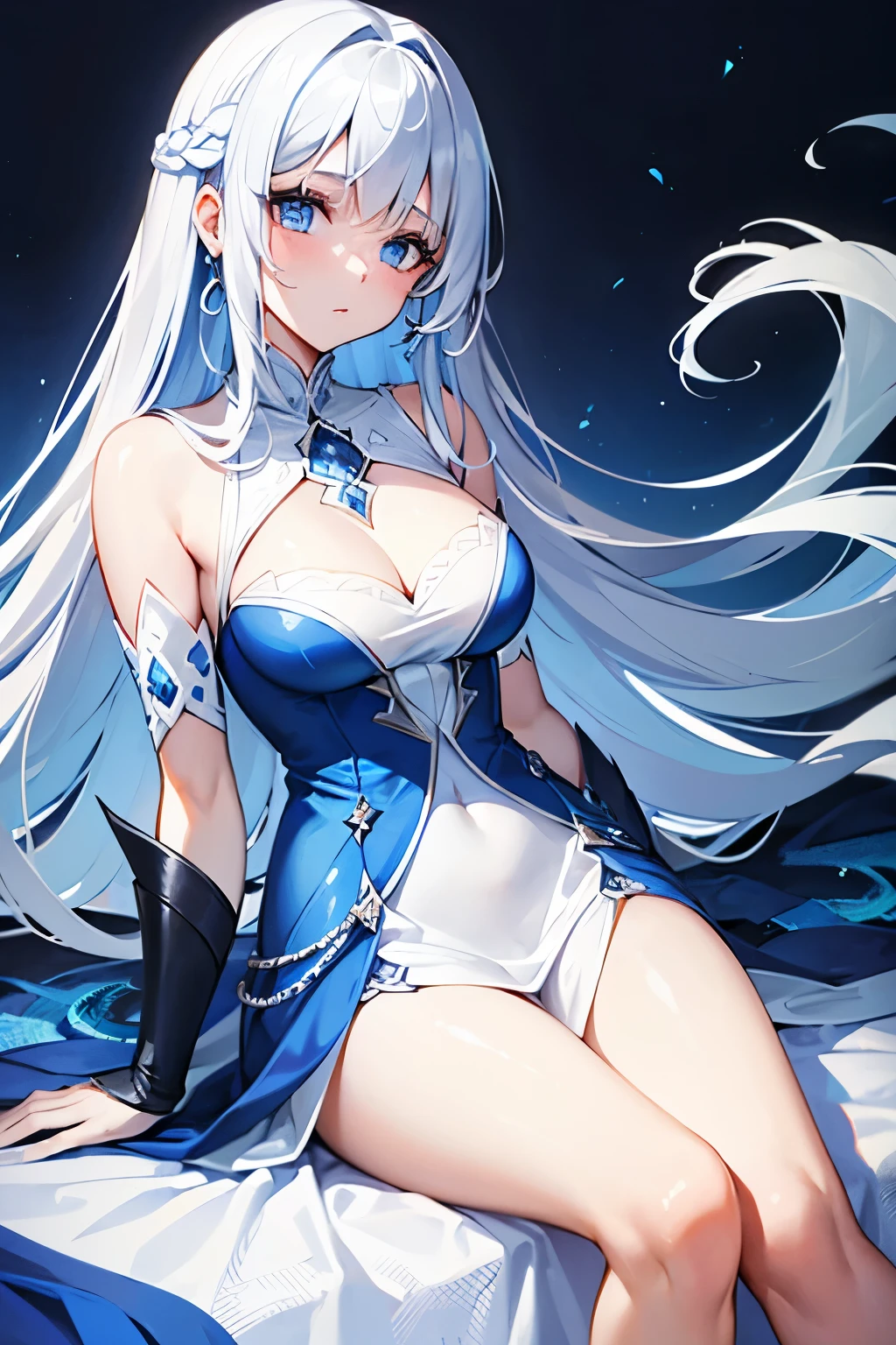 woman, long silver hair, blue eyes, regal white and blue dress