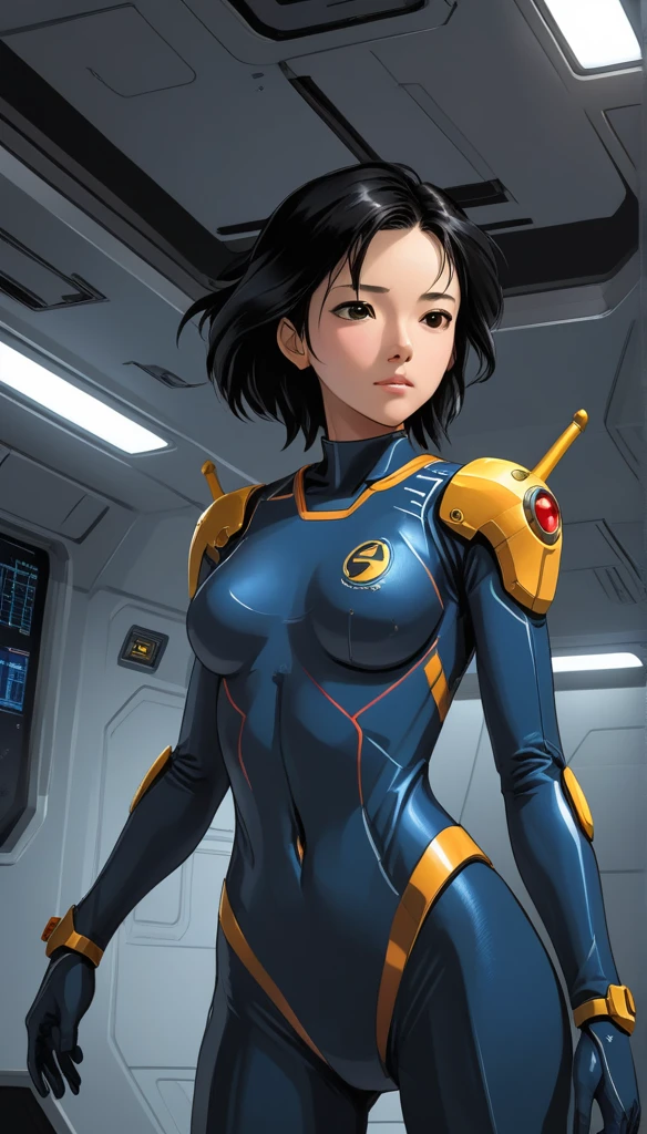 1 Girl、Medium Bust、solo、Black Hair、Braid、Mobile Race Suit、Shoulder Armor、ceiling、Wide Shot、Looking Ahead、Arms crossed、Closed Mouth、Highest quality、medium quality、22 years old、Mobile Trace System、cockpit、Asian、