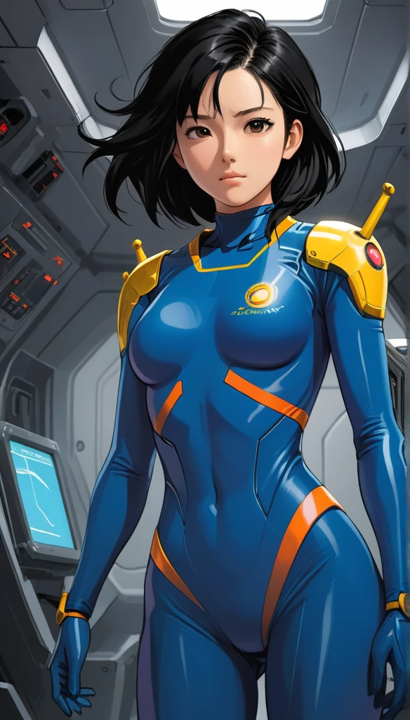 1 Girl、Medium Bust、solo、Black Hair、Braid、Mobile Race Suit、Shoulder Armor、ceiling、Wide Shot、Looking Ahead、Arms crossed、Closed Mouth、Highest quality、medium quality、22 years old、Mobile Trace System、cockpit、Asian、