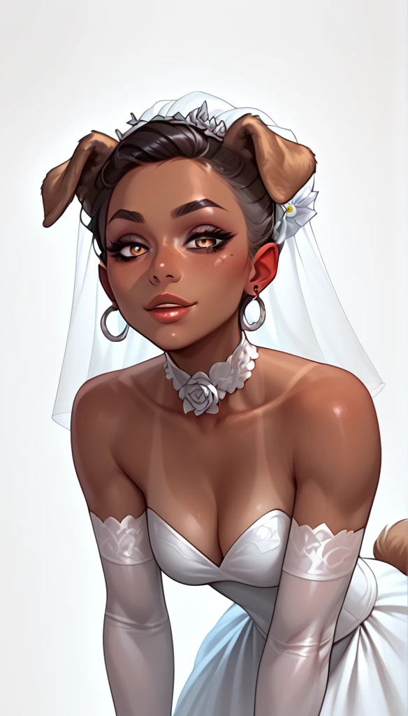 score_9, score_8_up, score_7_up, 1girl, solo,
(hanging dog ears, dog tail), short hair, glowing brown eyes, curved ram horns, tanned skin, demoness, (dog:1.2),
monochromatic, eerie atmosphere,
(wedding dress), seductive, stark white background