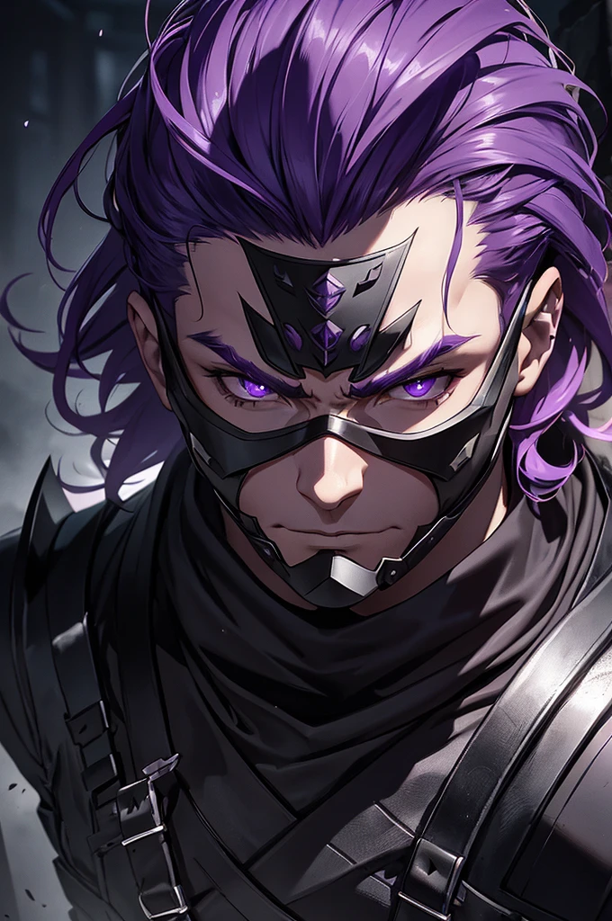 a man with medium purple hair, ninja style mask covering his entire face, detailed face, piercing purple eyes, sharp features, black clothing, dark leather armor, dark fantasy, moody lighting, dramatic shadows, cinematic composition, high quality, Intricate details, photorealistic