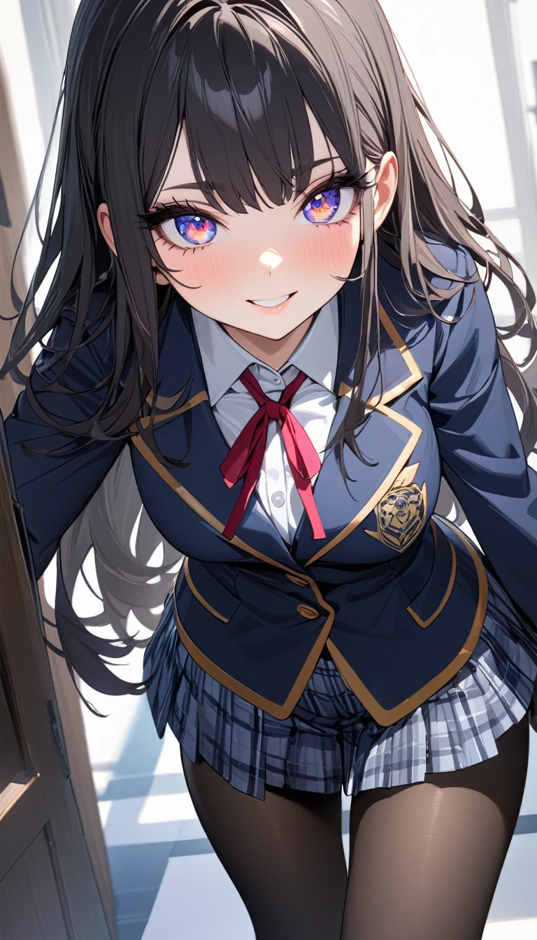 ((最high quality, 8K, masterpiece)), High resolution、（high quality: 1.5）、Very detailed、Detailed face、Bright colors、Natural light、Fine grain、Colorful eyes、Beautiful Face、非常にDetailed faceのテクスチャの女性,masterpiece, 最high quality, Detailed and beautiful eyes,最high quality、Best image quality、masterpiece、One person,high school girl,(eyelash:1.3), (eye shadow:1.3), (Beautiful attention to detail:1.4) ,A nice face,smile,(black tights), (Black Pantyhose),  Blazer Uniform, Checkered Pleated Skirt,so beautiful、High resolution,