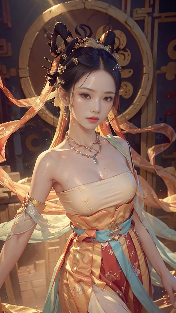 (nsfw), Highest quality, STERpiece, high resolution, A woman, Chinese Hanfu, Chinese Architecture Background, 红scarf, Headdress, necklace, Jewelry, beautyface, Body above the face, Glass Effect, Practical, Dark Studio, Edge rays, Two-color light, (Skin details:1.2), 8k ultra high definition, DSLR digital single lens, soft