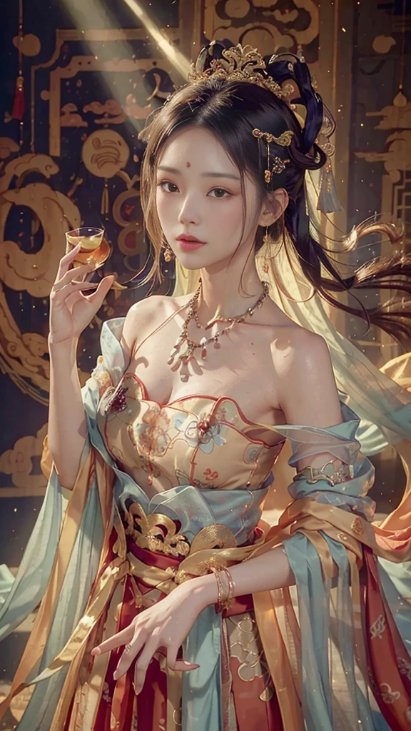 (nsfw), Highest quality, STERpiece, high resolution, A woman, Chinese Hanfu, Chinese Architecture Background, 红scarf, Headdress, necklace, Jewelry, beautyface, Body above the face, Glass Effect, Practical, Dark Studio, Edge rays, Two-color light, (Skin details:1.2), 8k ultra high definition, DSLR digital single lens, soft