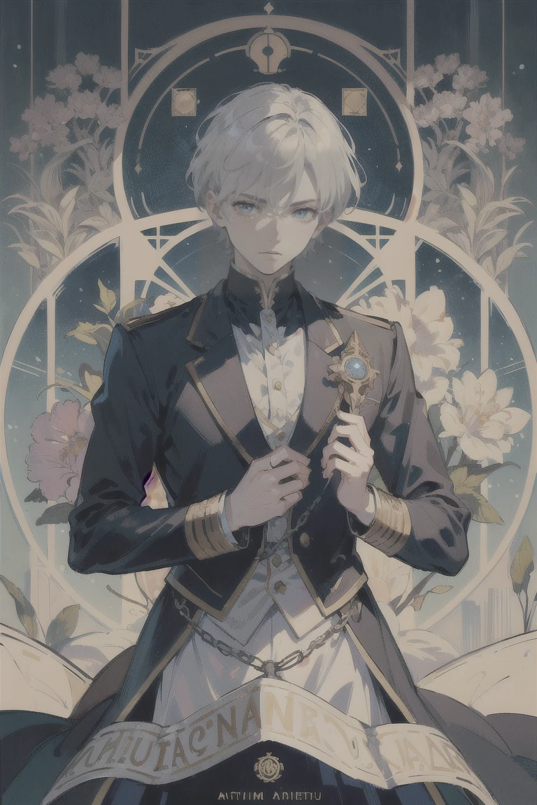 ((Highest quality)), ((masterpiece)), (detailed), 1 male, Adult, \(Tarot\),Symbolism,Visual Arts,occult,universal,Vision Casting,philosophical,Iconography,Number secrets,Popularity,Artistic, Alphonse Mucha, Silver Hair,Beautiful young man,（Short hair that is not trimmed）,Bangs sideways flowing,blue eyes,2 block haircuts,Cold Stare,(uniform),20-year-old male,adult