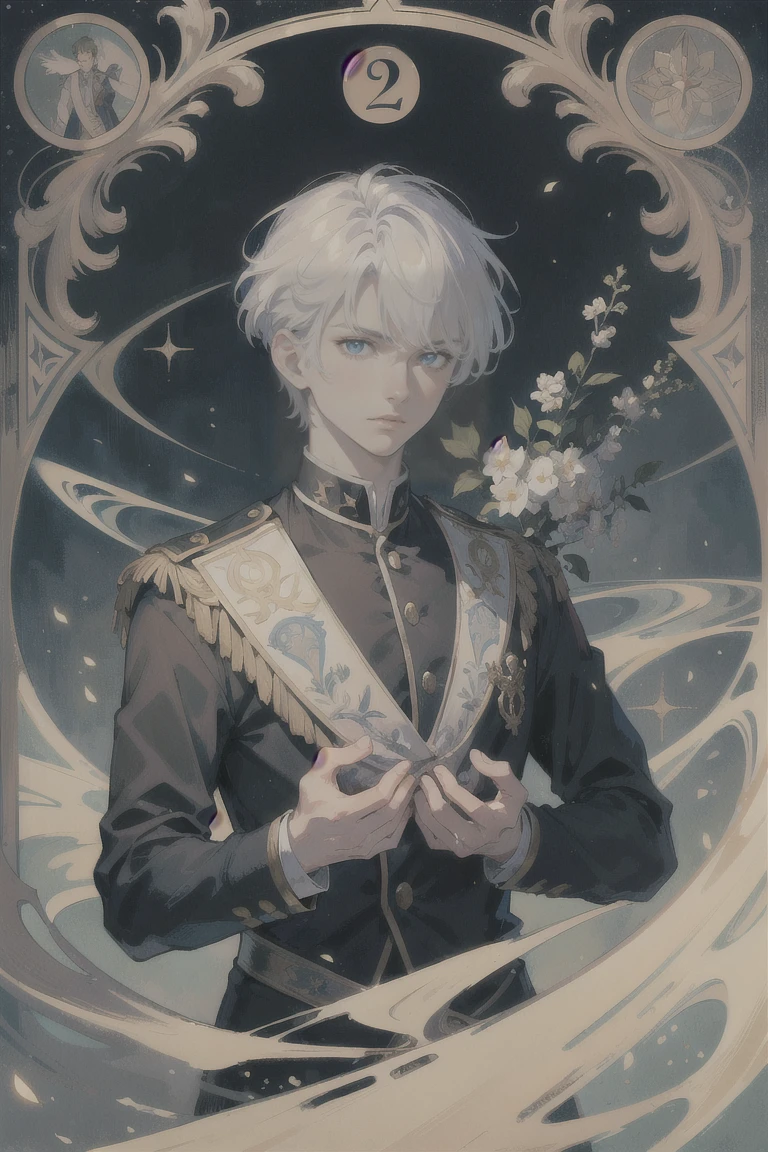 ((Highest quality)), ((masterpiece)), (detailed), 1 male, Adult, \(Tarot\),Symbolism,Visual Arts,occult,universal,Vision Casting,philosophical,Iconography,Number secrets,Popularity,Artistic, Alphonse Mucha, Silver Hair,Beautiful young man,(Short hair that is not trimmed),Bangs sideways flowing,blue eyes,2 block haircuts,Cold Stare,(uniform),20-year-old male,adult