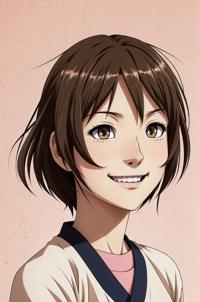 anime style haikyuu character ; brunette girl, straight hair, long and light brown with pink highlights, brown eyes a little green, Lovely, with happy expression. he wears karasuno uniform