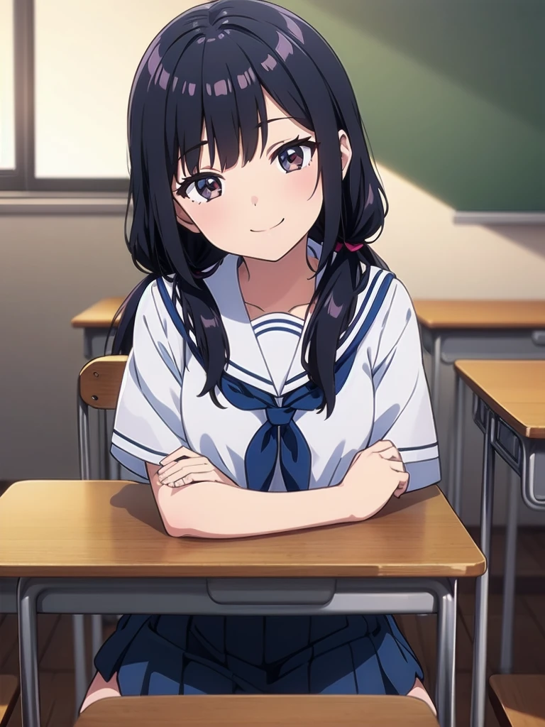 1girl, sitting, hands cover mouth, (head tilt), smile, yo,
classroom, indoors, school chair, school desk, (low twintails girl), low pigtails, hair ribbon is white, very long black hair,
white serafuku with blue ribbon, navy-blue collar, navy-blue skirt,
(dark brown eye), afternoon, summer,
school,
(from front:1.4), upper body,
anime, high brightness, detailed face, detailed eyes,
(high quality, ultra detailed, masterpiece, FHD)