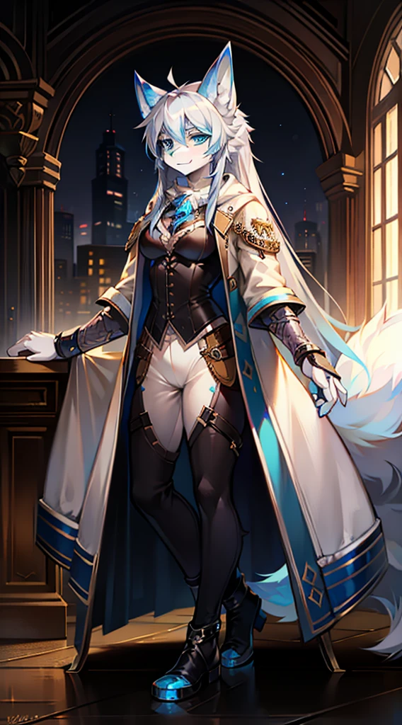 In steampunk style,Big-tailed wolf,blue color eyes,grey long hair,Modern white coat
