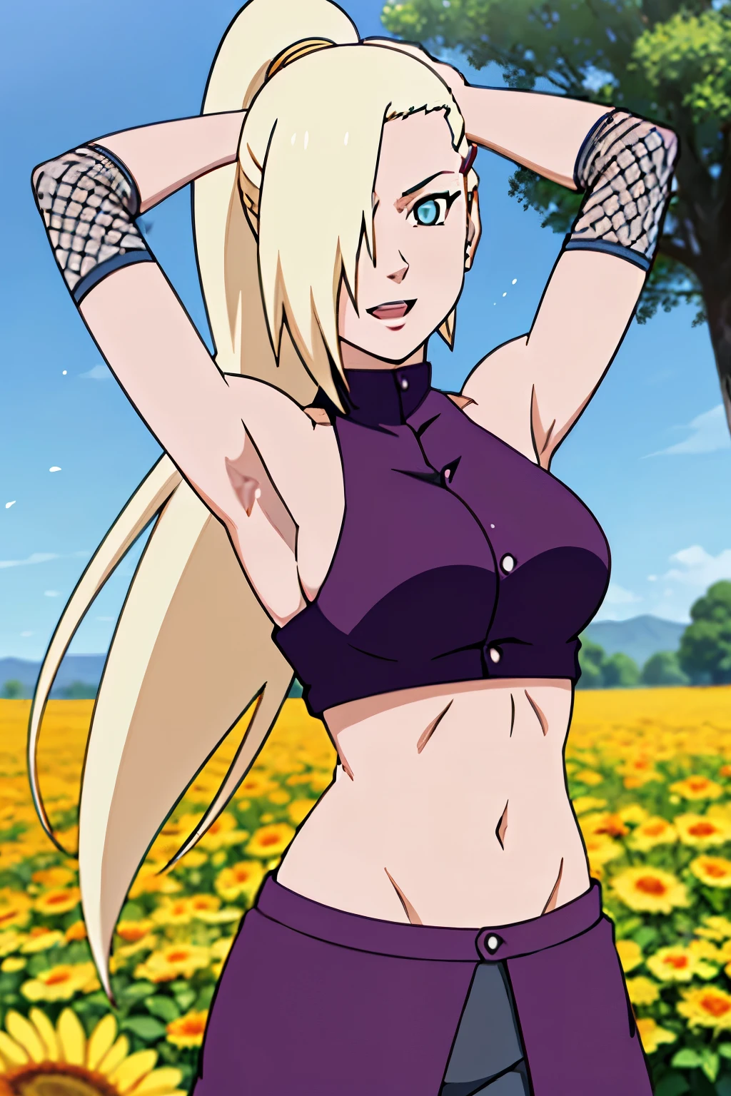 (one arm up), Ino yamanaka, looking at the viewer, gorgeous, attractive, groin, cowboy shot, ultra detailed face, sunny day, day time, upper body view, anime style, solo, detailed flower field, blonde, (focus on face), ((one eye covered with hair, hair over eye)), medium breasts, belly button, looking at the viewer, thick arms, (off-shoulders, wide shoulders, curving body), hidden eye, smile, open mouth, very happy, tall, hair clip, sharp look, sharp face, sharp eye, cold colors,
