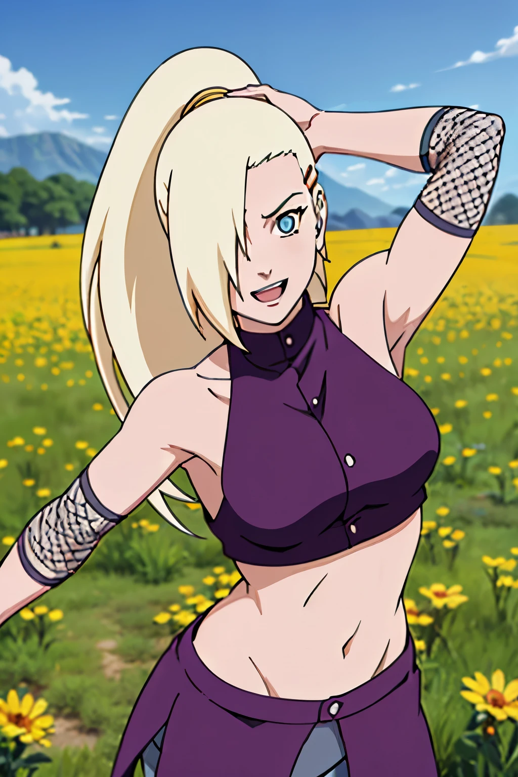 (one arm up), Ino yamanaka, looking at the viewer, gorgeous, attractive, groin, cowboy shot, ultra detailed face, sunny day, day time, upper body view, anime style, solo, detailed flower field, blonde, (focus on face), ((one eye covered with hair, hair over eye)), medium breasts, belly button, looking at the viewer, thick arms, (off-shoulders, wide shoulders, curving body), hidden eye, smile, open mouth, very happy, tall, hair clip, sharp look, sharp face, sharp eye, cold colors,