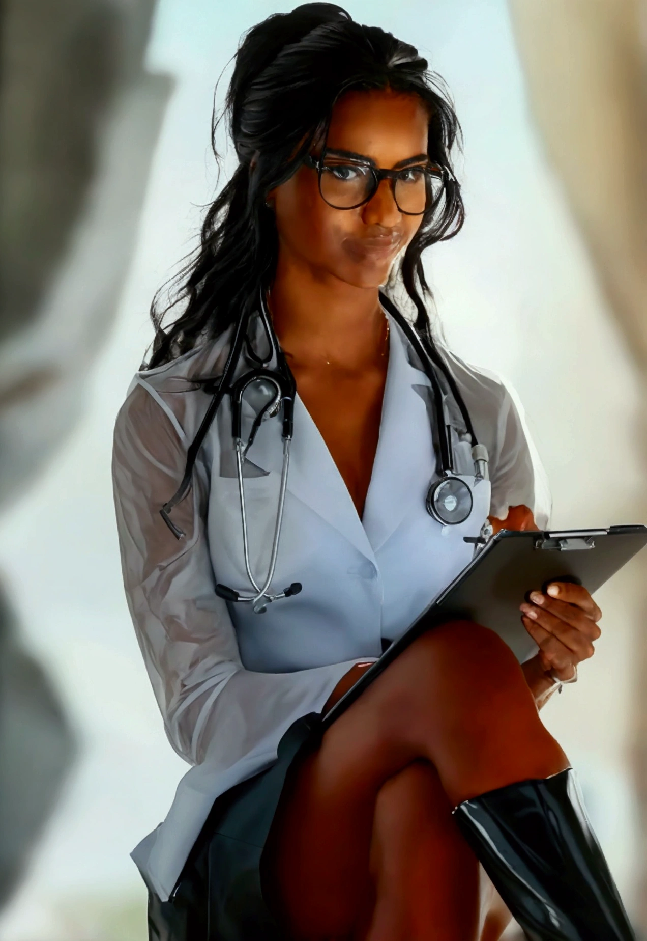 Black doctor, with athletic body, Long hair tied back, wearing CDF style prescription glasses, with stethoscope hanging around his neck and a clipboard in his hand, wearing an extremely short leather skirt and a transparent white lace blouse highlighting her perfect and voluminous breasts, wearing long black stiletto heel boots
