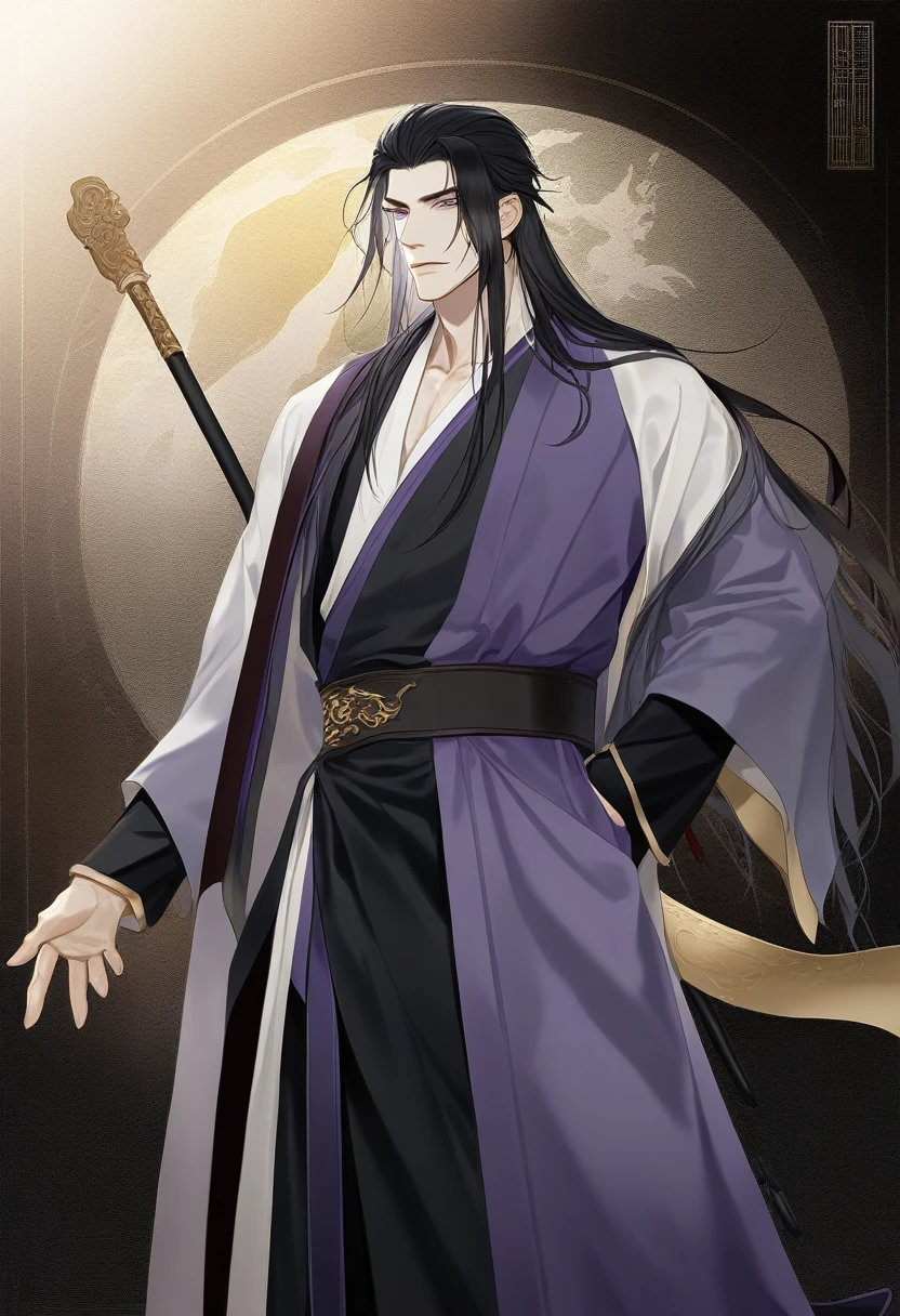 (masterpiece, best quality:1.2), 1male, solo, jiang cheng, mo dao zu shi, mdzs, purple and black clothes, purple eyes, long black hair, perfect anatomy