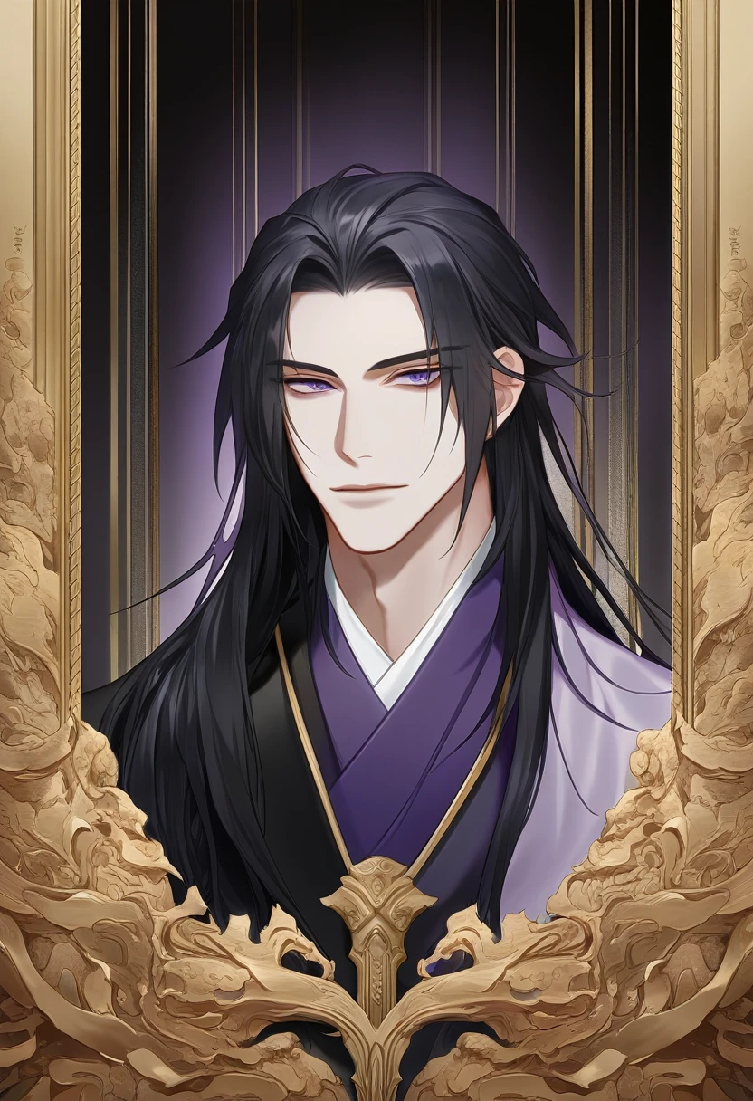 (masterpiece, best quality:1.2), 1male, solo, jiang cheng, mo dao zu shi, mdzs, purple and black clothes, purple eyes, long black hair, perfect anatomy