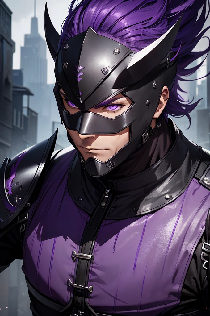 a man with medium purple hair, ninja style mask covering his entire face, detailed face, piercing purple eyes, sharp features, black clothing, dark leather armor, dark fantasy, moody lighting, dramatic shadows, cinematic composition, high quality, Intricate details, photorealistic