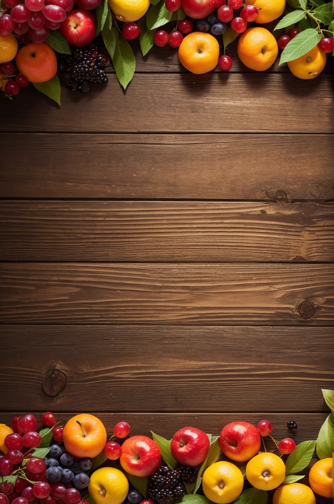 Wooden background with fruits around
