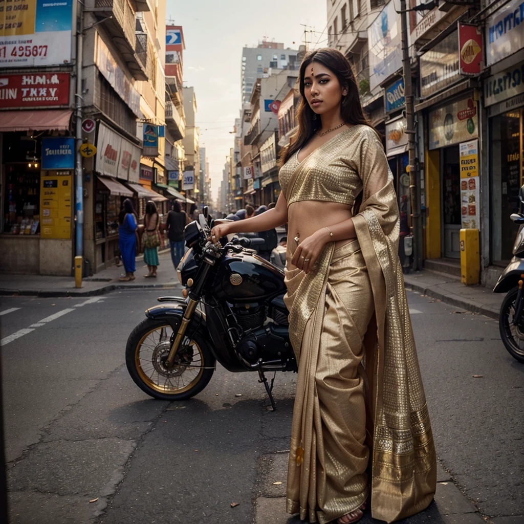 detailed Indian woman wearing a vibrant saree dress, big , looking like Munmun Dutta, standing in a busy urban street, looking at the camera, beautiful detailed eyes, beautiful detailed lips, extremely detailed face, long eyelashes, cinematic lighting, intricate patterns on the saree, street vendors and people in the background, warm color tones, muted tones, photorealistic, 8k, ultra-detailed, masterpiece