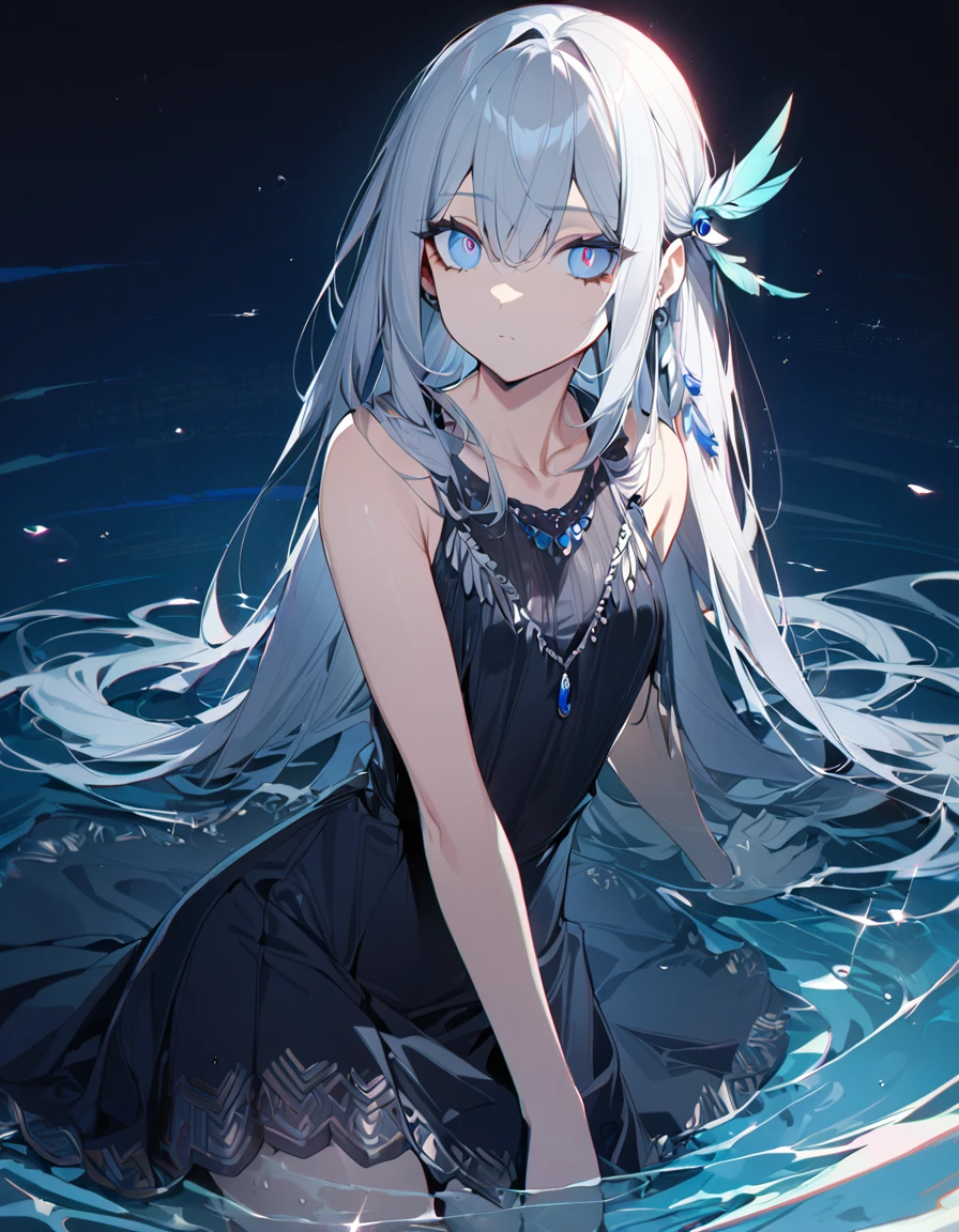 1 girl, masterpiece, best quality, beautiful, expressionless, big eyes, blue pupils, silver hair, long hair, flapper dress, feather hair ornament, water, anime