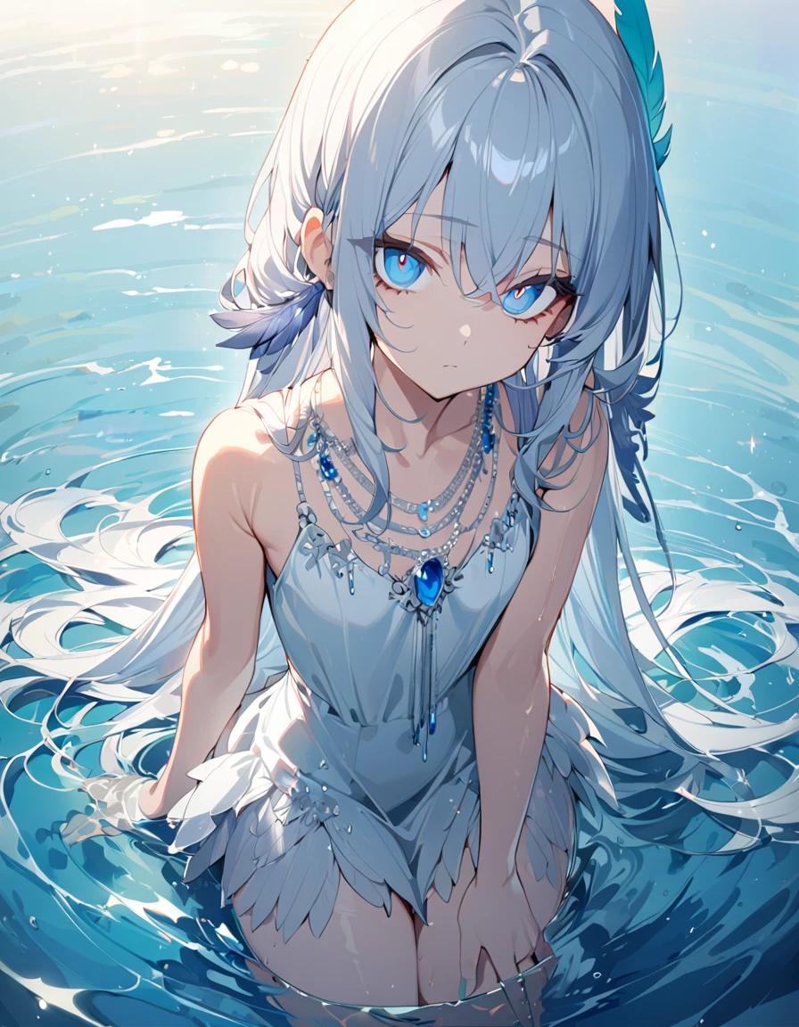 1 girl, masterpiece, best quality, beautiful, expressionless, big eyes, blue pupils, silver hair, long hair, flapper dress, feather hair ornament, water, anime