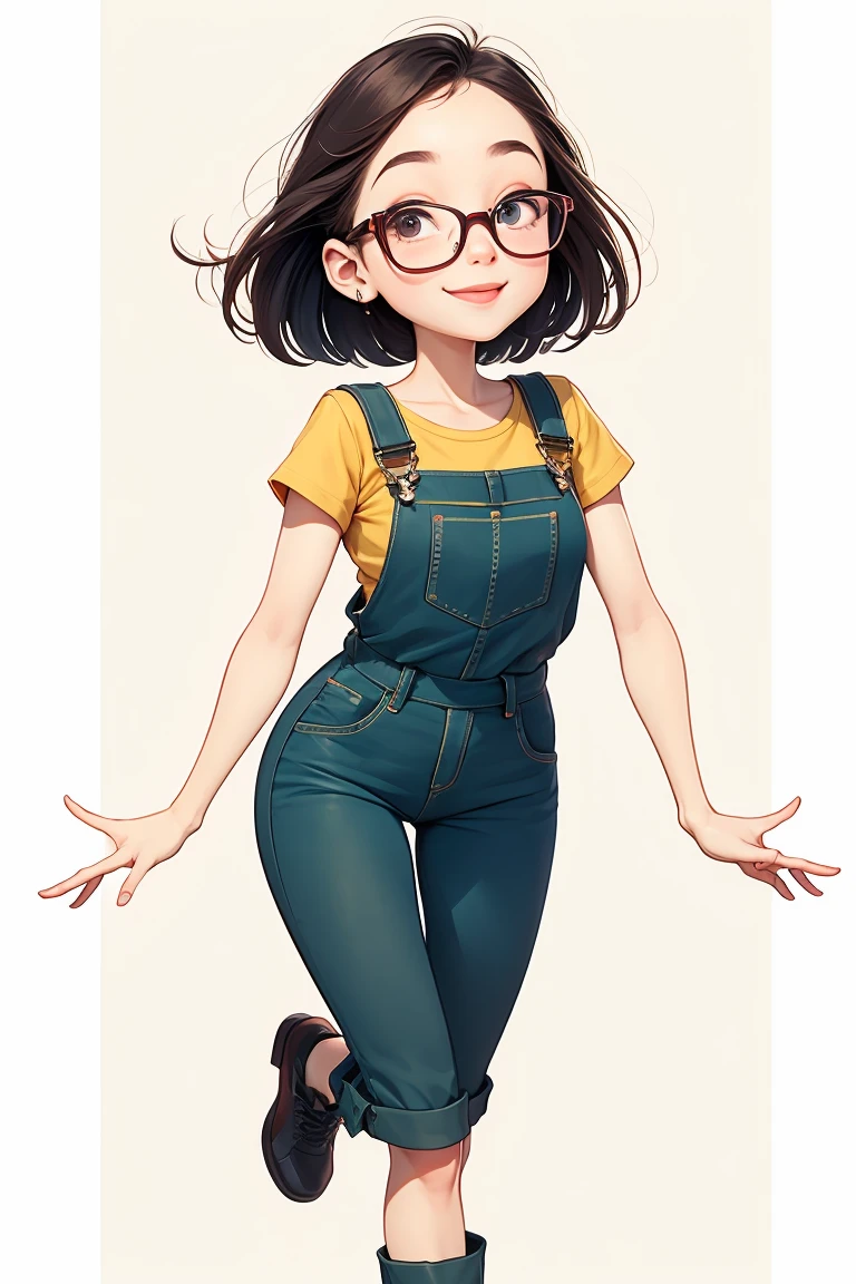 watercolor illustration. Chibi, very kawaii style of a charming Russian cartoon girl is confident. Her straight black hair frames her face, glasses, adorned with large, expressive eyes and a cheerful smile. She is dressed in a black t-shirt and yellow overalls and black shoes. adding a touch of color to the scene. She is standing looking straight ahead. The simplicity of the background puts the focus entirely on her, making her the undeniable star of this image. by David Mack and David McBride