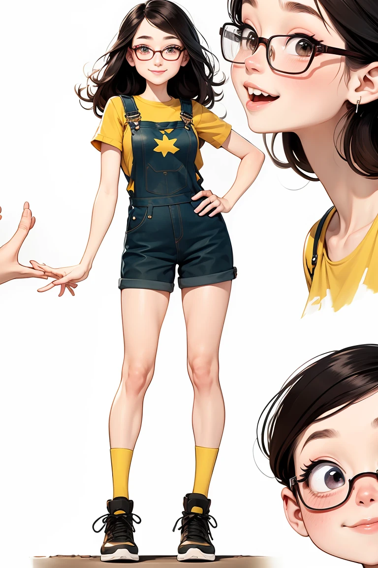 watercolor illustration. Chibi, very kawaii style of a charming Russian cartoon girl is confident. Her straight black hair frames her face, glasses, adorned with large, expressive eyes and a cheerful smile. She is dressed in a black t-shirt and yellow overalls and black shoes. adding a touch of color to the scene. She is standing looking straight ahead. The simplicity of the background puts the focus entirely on her, making her the undeniable star of this image. by David Mack and David McBride